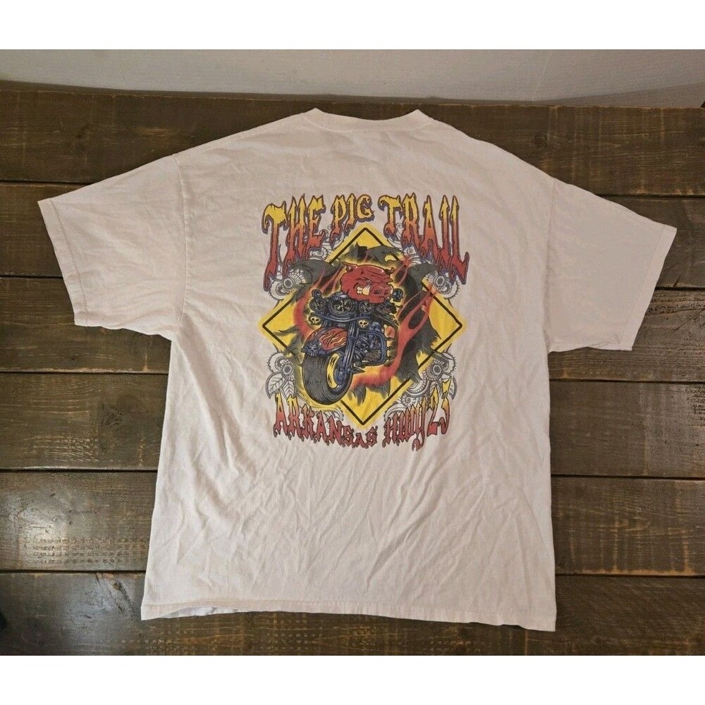 The Pig Trail Arkansas Hwy 23 Adult XL T-Shirt Razorback On Motorcycle